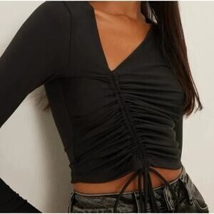 House of Harlow 1960 Black Long Sleeve Asymmetrical Rouched Crop Top - Small